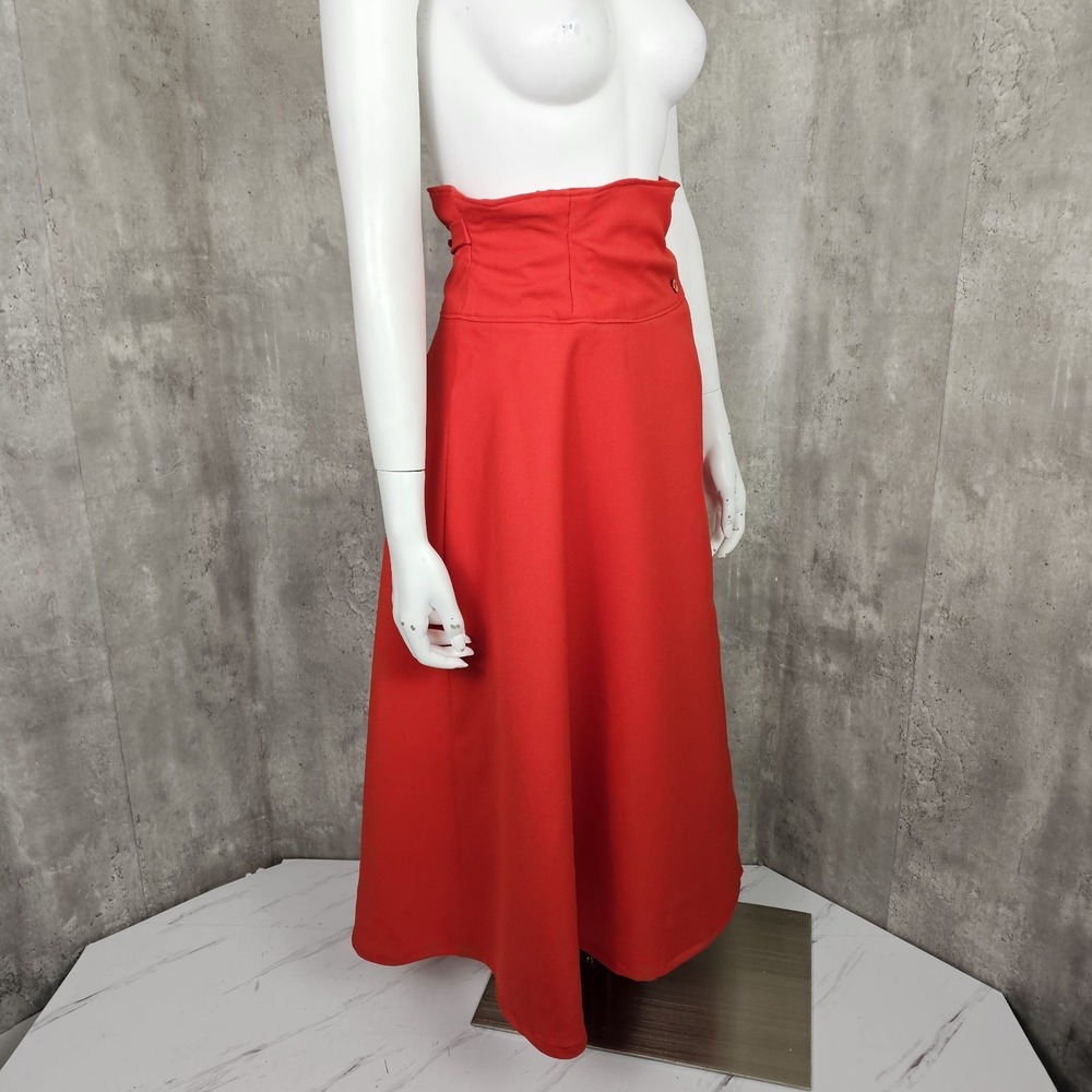 Vintage Handmade Size S Red Knit Polyester Hi Waisted Wrap Midi Skirt Tie Back - Picture 4 of 7